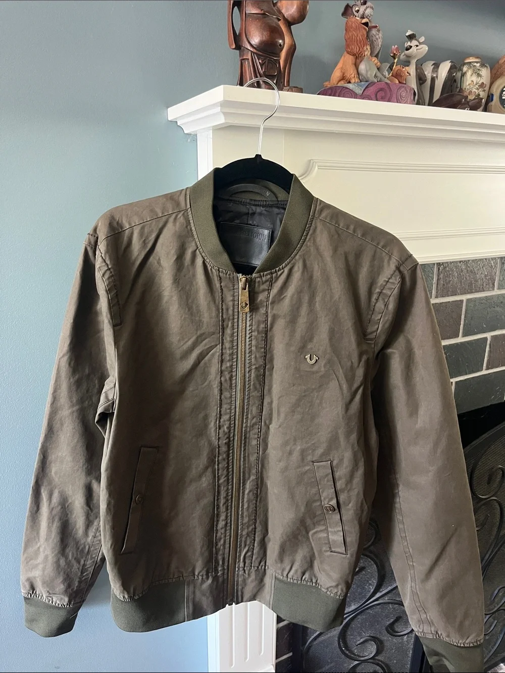 True Religion Waxed Bomber in Military Olive